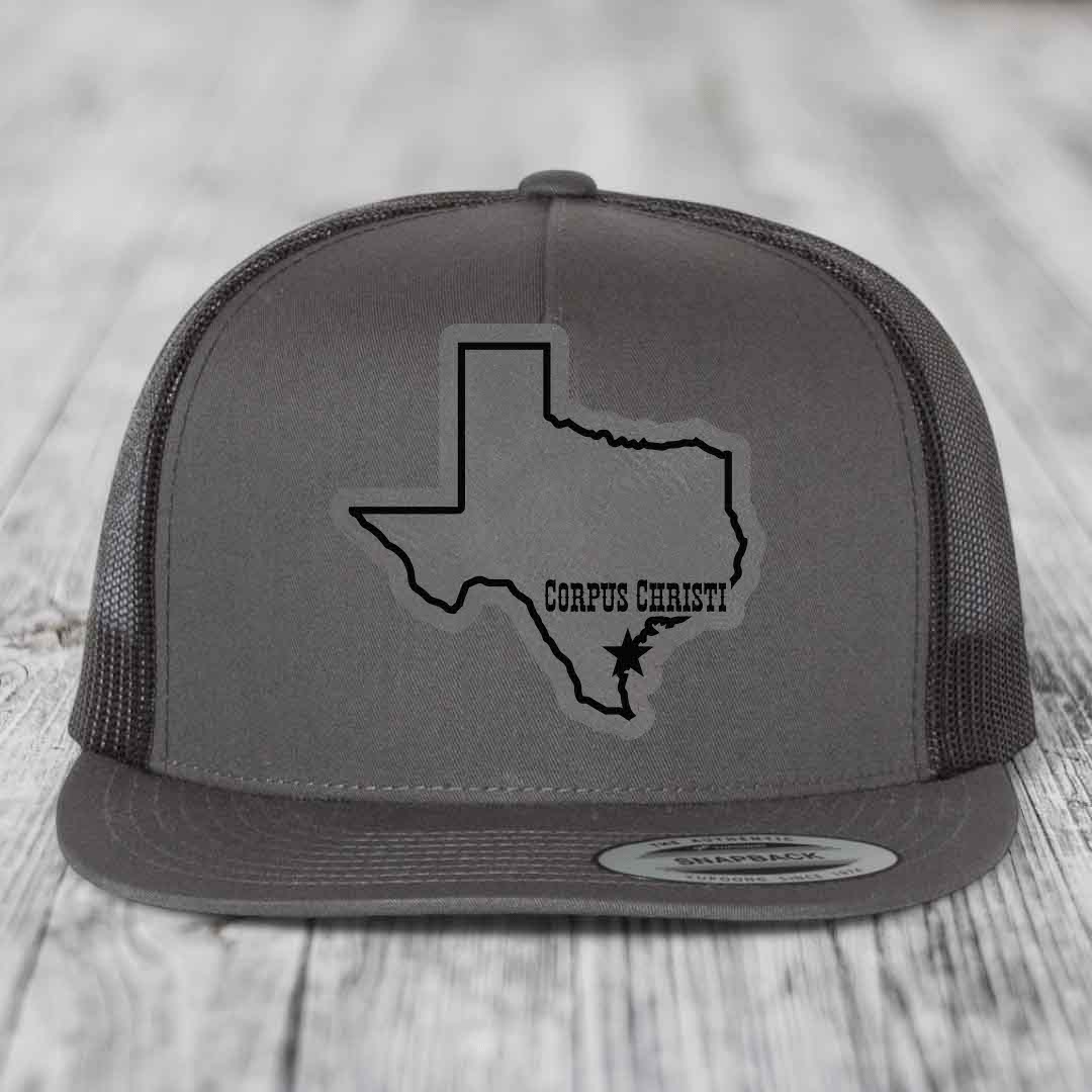 Corpus Christi Texas (Clean) - Leather Patch Hat - Grey to Black Patch - Yupoong 6006 Snapback Flatbill Hat