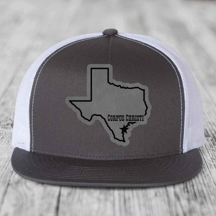 Corpus Christi Texas (Clean) - Leather Patch Hat - Grey to Black Patch - Yupoong 6006 Snapback Flatbill Hat