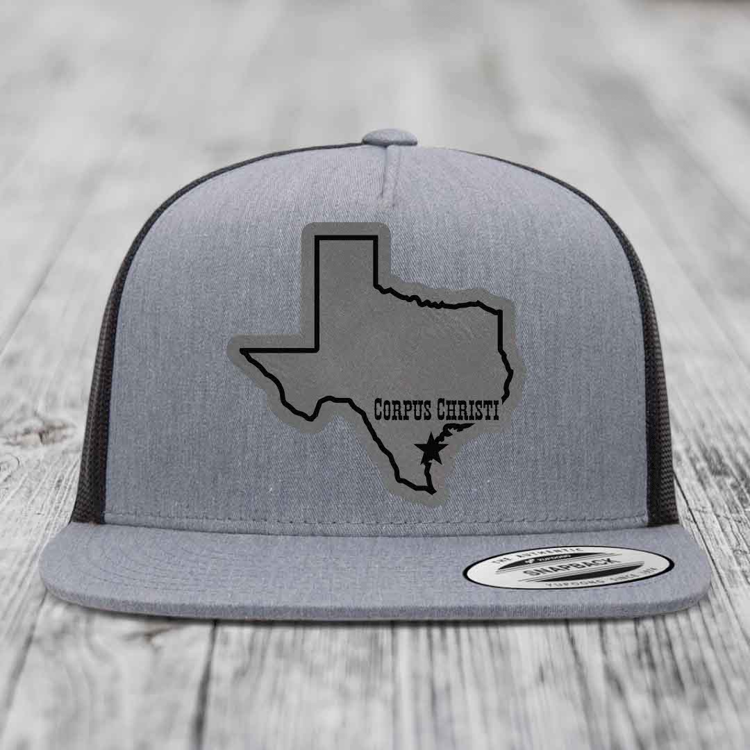 Corpus Christi Texas (Clean) - Leather Patch Hat - Grey to Black Patch - Yupoong 6006 Snapback Flatbill Hat