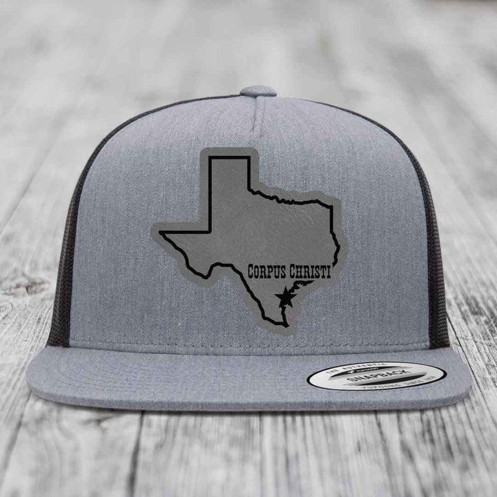 Corpus Christi Texas (Clean) - Leather Patch Hat - Grey to Black Patch - Yupoong 6006 Snapback Flatbill Hat