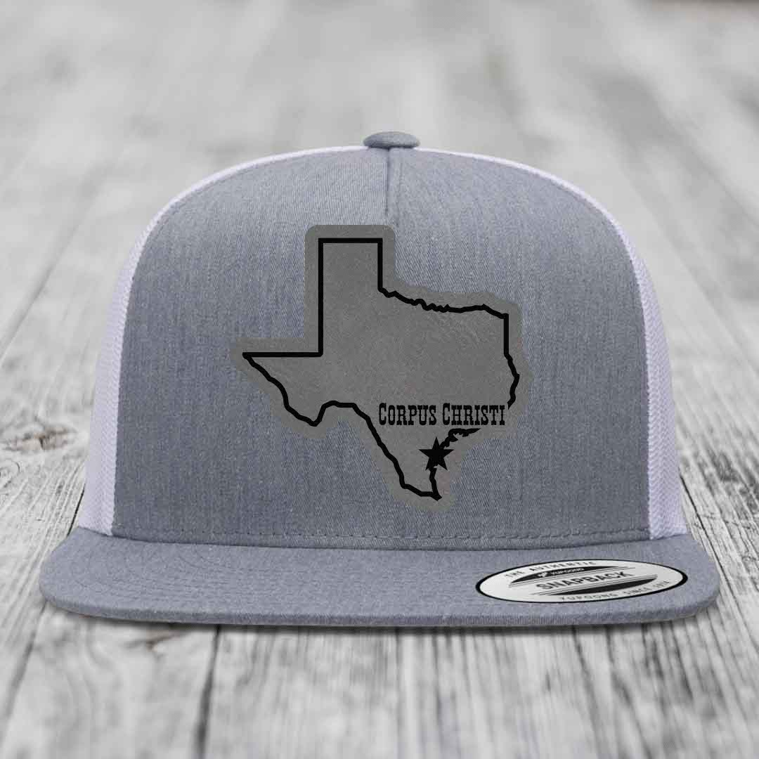 Corpus Christi Texas (Clean) - Leather Patch Hat - Grey to Black Patch - Yupoong 6006 Snapback Flatbill Hat