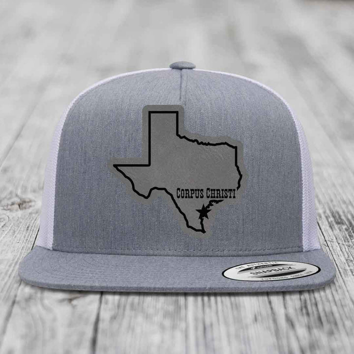 Corpus Christi Texas (Clean) - Leather Patch Hat - Grey to Black Patch - Yupoong 6006 Snapback Flatbill Hat