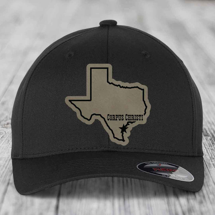 Corpus Christi Texas (Clean) - Leather Patch Hat - Light Brown to Black Patch - Flexfit 6277 Fitted Hat