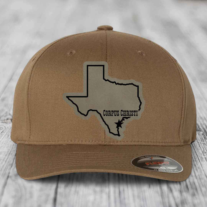 Corpus Christi Texas (Clean) - Leather Patch Hat - Light Brown to Black Patch - Flexfit 6277 Fitted Hat