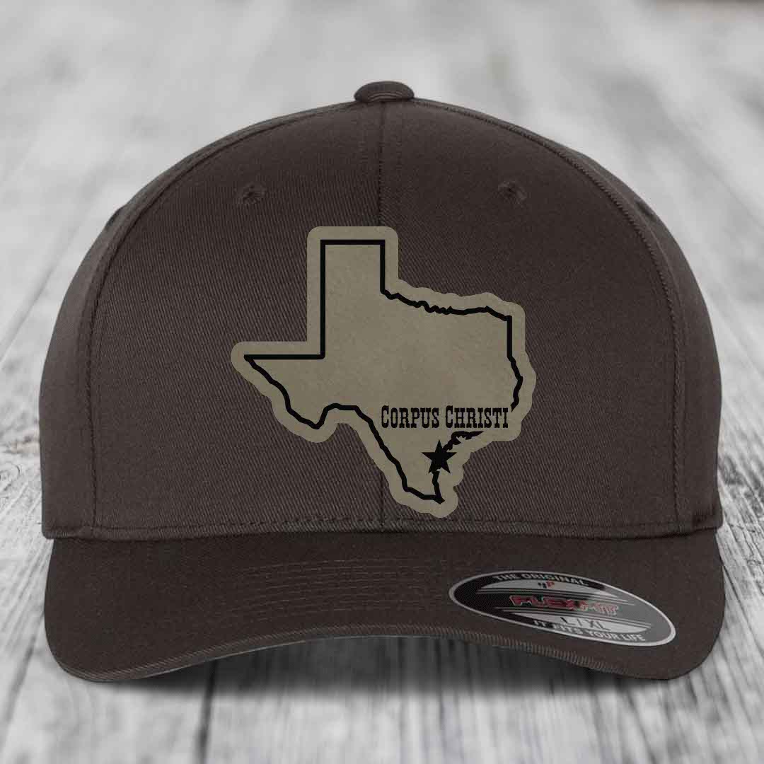 Corpus Christi Texas (Clean) - Leather Patch Hat - Light Brown to Black Patch - Flexfit 6277 Fitted Hat