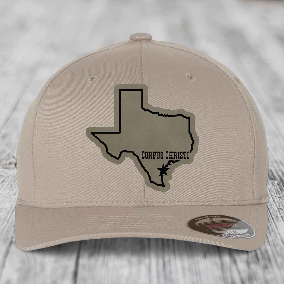 Corpus Christi Texas (Clean) - Leather Patch Hat - Light Brown to Black Patch - Flexfit 6277 Fitted Hat