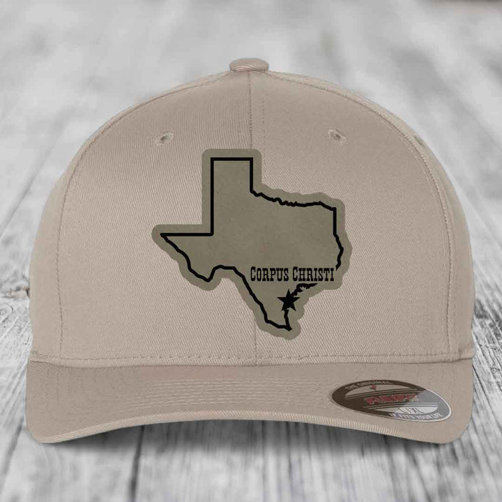 Corpus Christi Texas (Clean) - Leather Patch Hat - Light Brown to Black Patch - Flexfit 6277 Fitted Hat