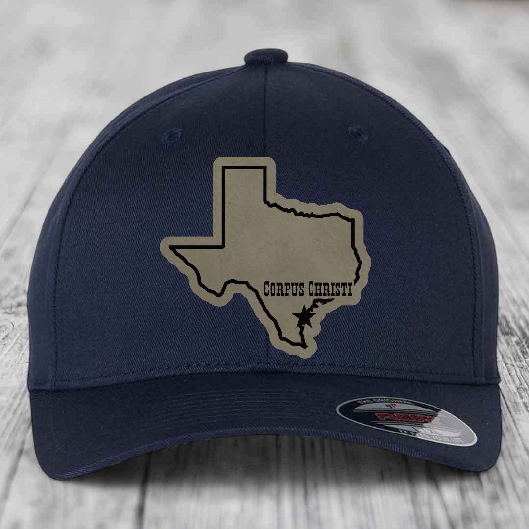 Red baseball cap with grey Texas state outline patch, &