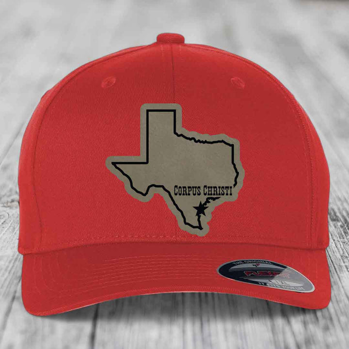 Corpus Christi Texas (Clean) - Leather Patch Hat - Light Brown to Black Patch - Flexfit 6277 Fitted Hat
