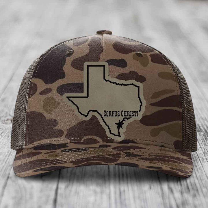 Corpus Christi Texas (Clean) - Leather Patch Hat - Light Brown to Black Patch - Richardson 112PFP Snapback Trucker Hat