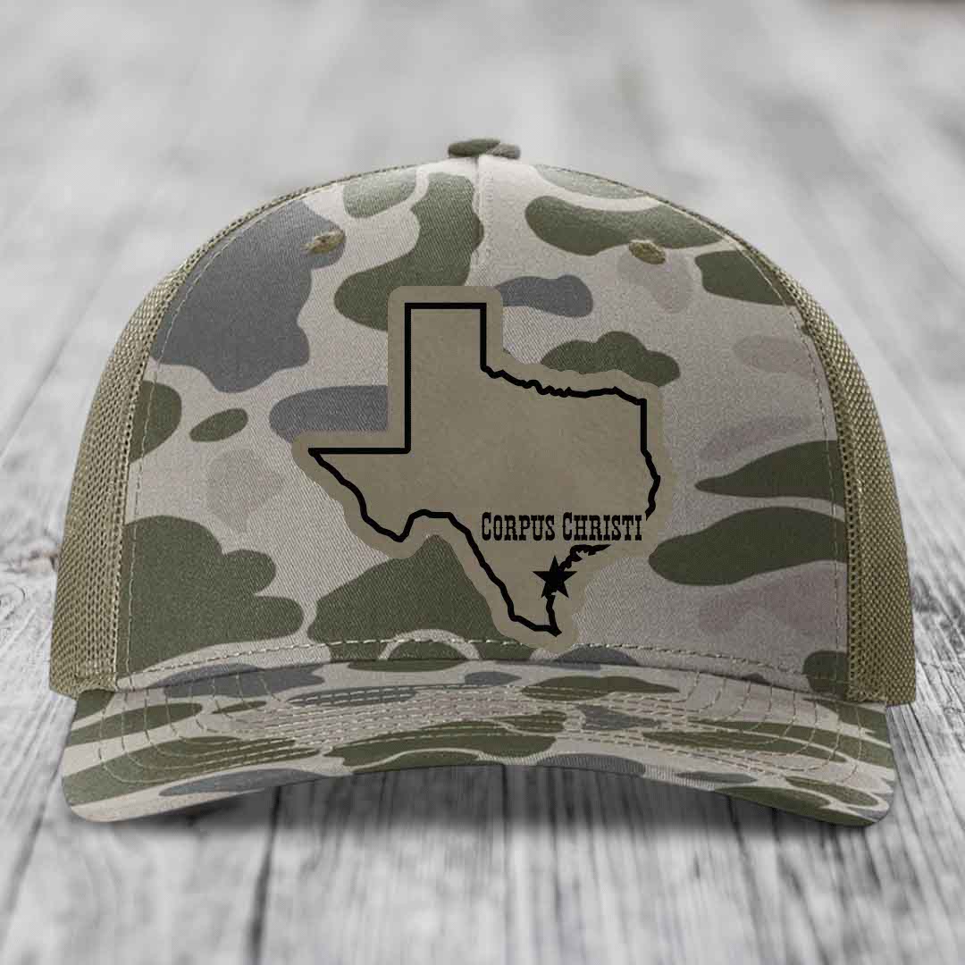 Corpus Christi Texas (Clean) - Leather Patch Hat - Light Brown to Black Patch - Richardson 112PFP Snapback Trucker Hat