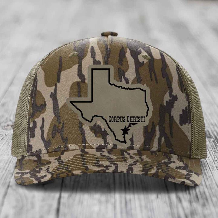 Corpus Christi Texas (Clean) - Leather Patch Hat - Light Brown to Black Patch - Richardson 112PFP Snapback Trucker Hat