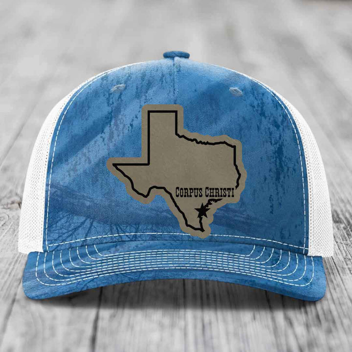 Corpus Christi Texas (Clean) - Leather Patch Hat - Light Brown to Black Patch - Richardson 112PFP Snapback Trucker Hat