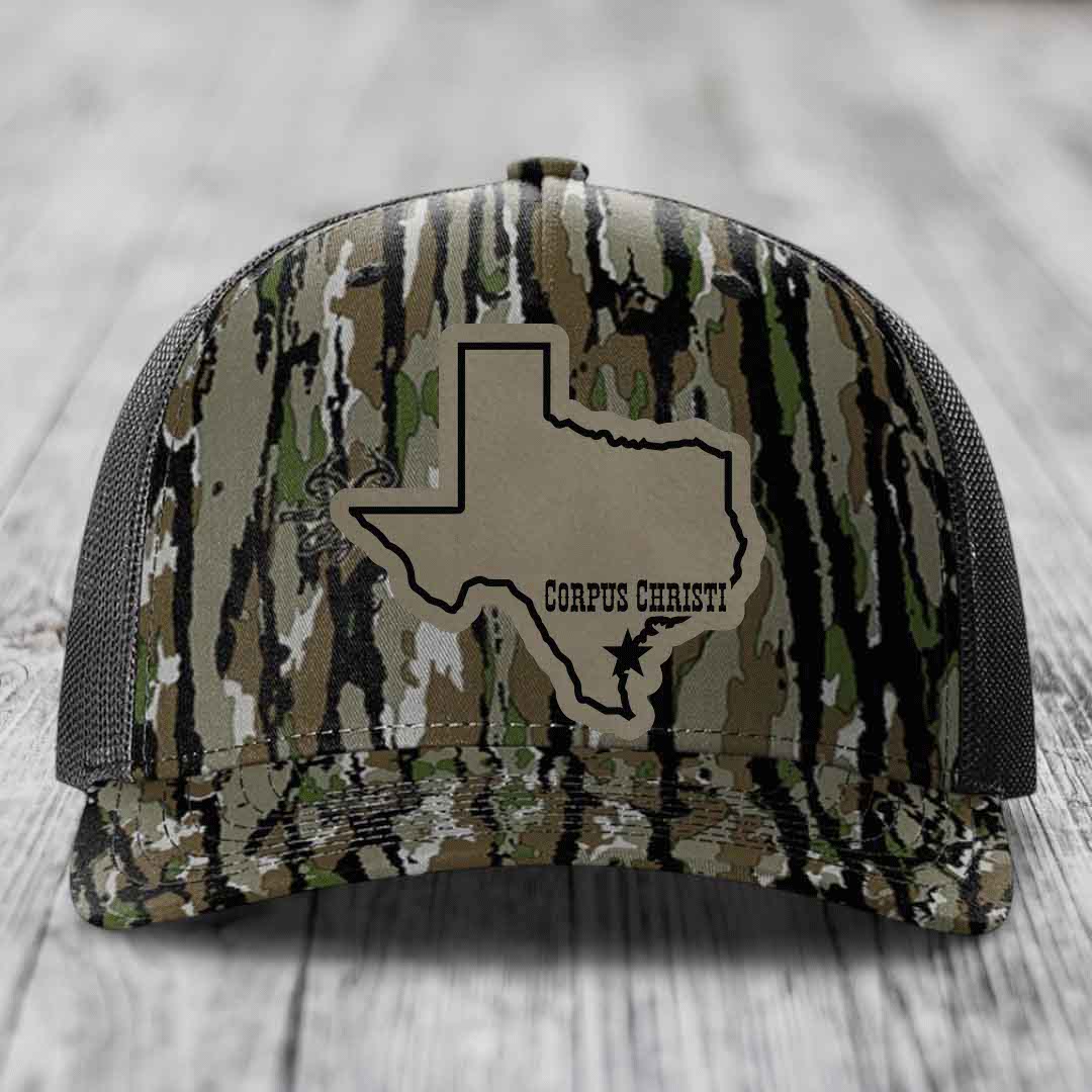 Corpus Christi Texas (Clean) - Leather Patch Hat - Light Brown to Black Patch - Richardson 112PFP Snapback Trucker Hat
