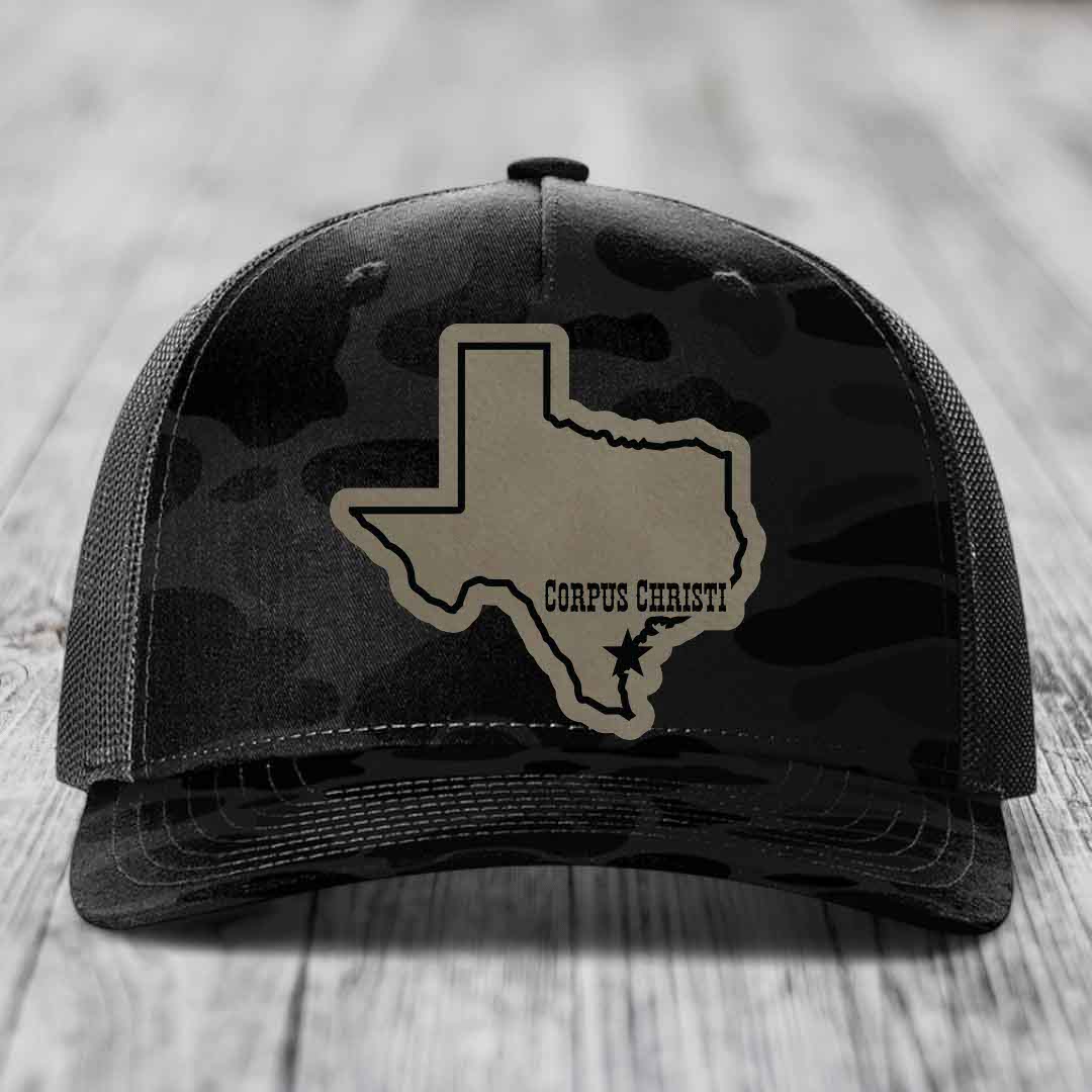 Corpus Christi Texas (Clean) - Leather Patch Hat - Light Brown to Black Patch - Richardson 112PFP Snapback Trucker Hat
