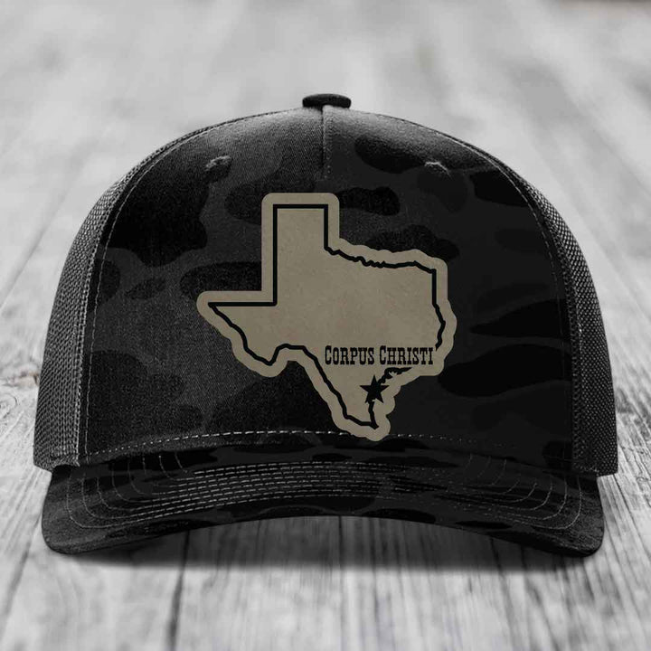 Corpus Christi Texas (Clean) - Leather Patch Hat - Light Brown to Black Patch - Richardson 112PFP Snapback Trucker Hat