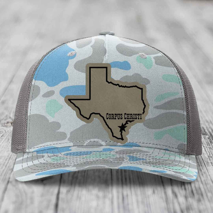 Corpus Christi Texas (Clean) - Leather Patch Hat - Light Brown to Black Patch - Richardson 112PFP Snapback Trucker Hat