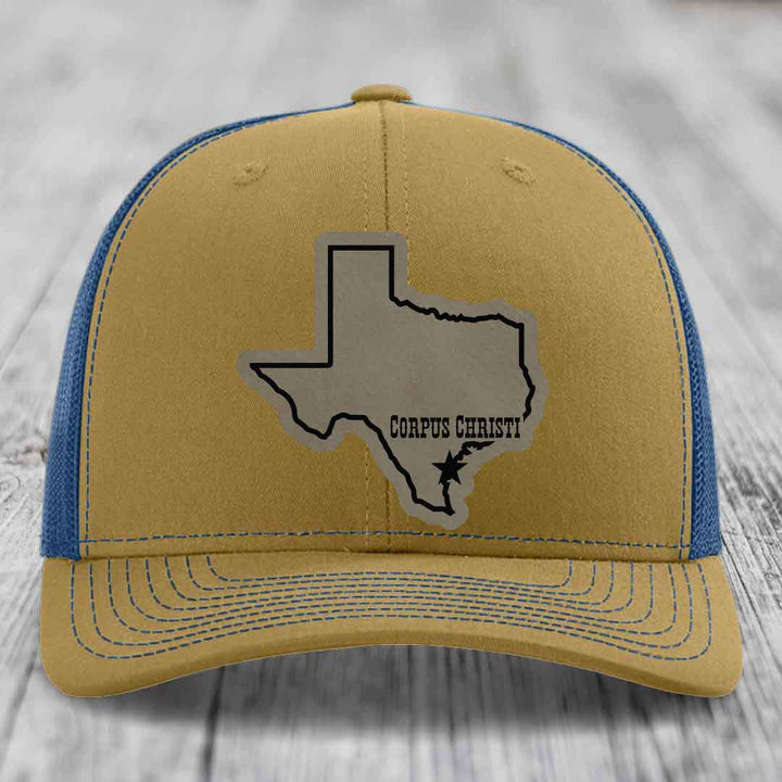 Corpus Christi Texas (Clean) - Leather Patch Hat - Light Brown to Black Patch - Richardson 112 Snapback Trucker Hat