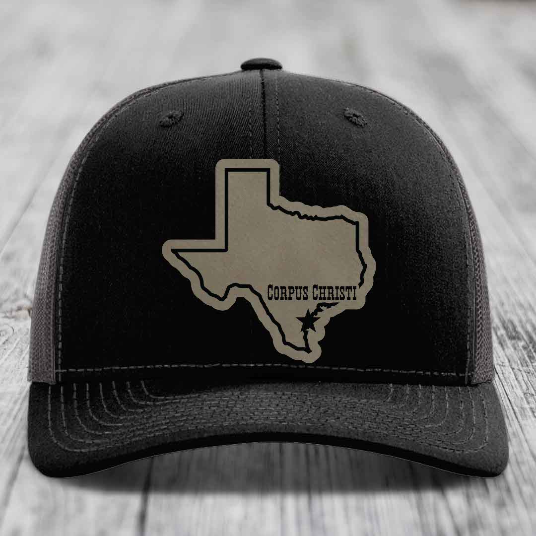 Corpus Christi Texas (Clean) - Leather Patch Hat - Light Brown to Black Patch - Richardson 112 Snapback Trucker Hat