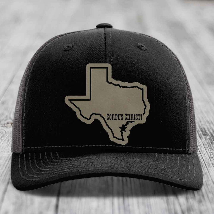 Corpus Christi Texas (Clean) - Leather Patch Hat - Light Brown to Black Patch - Richardson 112 Snapback Trucker Hat
