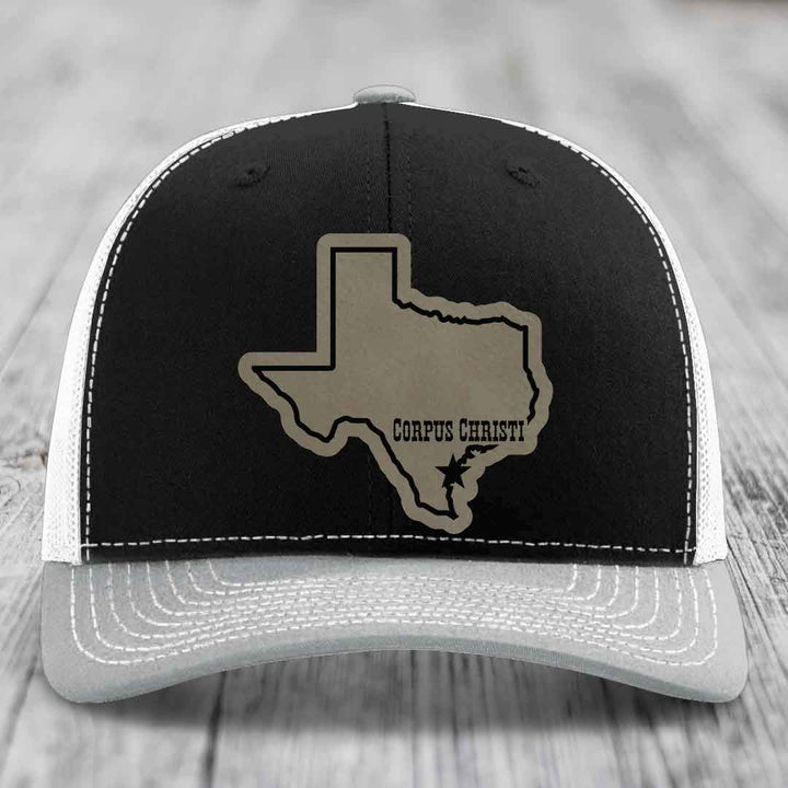 Corpus Christi Texas (Clean) - Leather Patch Hat - Light Brown to Black Patch - Richardson 112 Snapback Trucker Hat