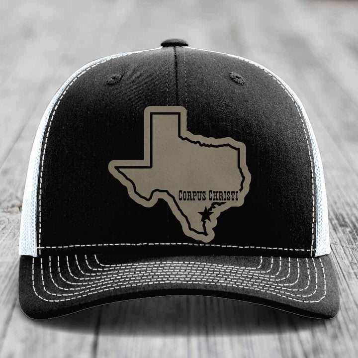 Corpus Christi Texas (Clean) - Leather Patch Hat - Light Brown to Black Patch - Richardson 112 Snapback Trucker Hat