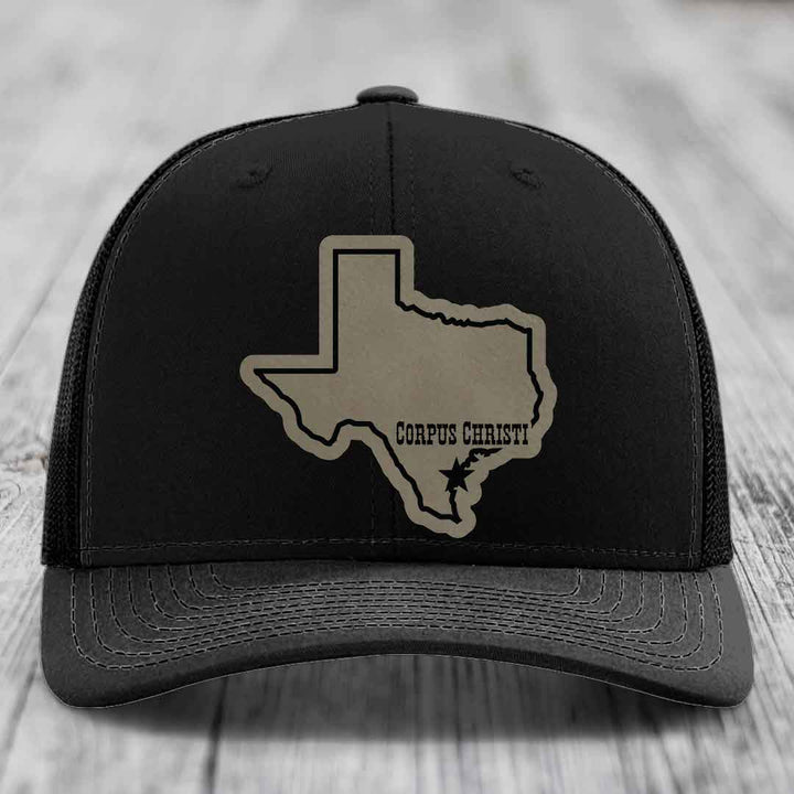 Corpus Christi Texas (Clean) - Leather Patch Hat - Light Brown to Black Patch - Richardson 112 Snapback Trucker Hat
