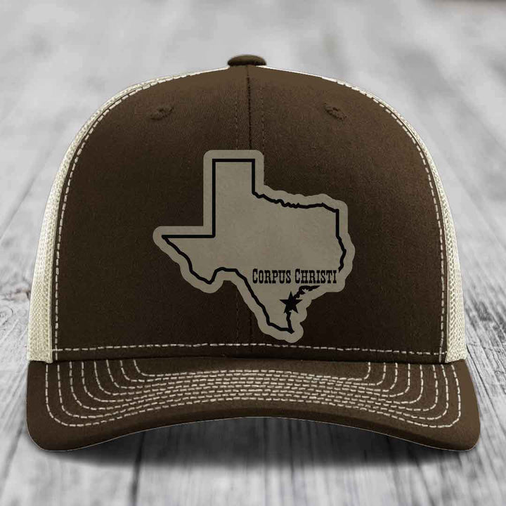 Corpus Christi Texas (Clean) - Leather Patch Hat - Light Brown to Black Patch - Richardson 112 Snapback Trucker Hat