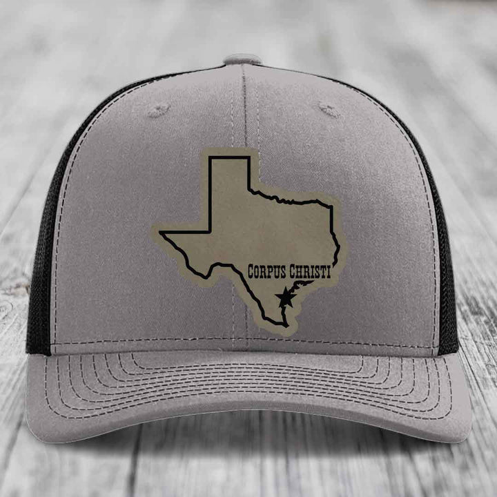 Corpus Christi Texas (Clean) - Leather Patch Hat - Light Brown to Black Patch - Richardson 112 Snapback Trucker Hat