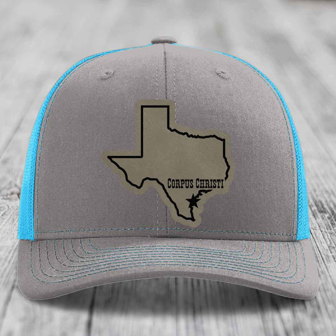 Corpus Christi Texas (Clean) - Leather Patch Hat - Light Brown to Black Patch - Richardson 112 Snapback Trucker Hat
