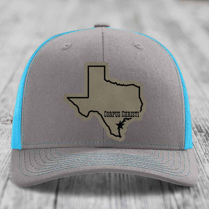 Corpus Christi Texas (Clean) - Leather Patch Hat - Light Brown to Black Patch - Richardson 112 Snapback Trucker Hat