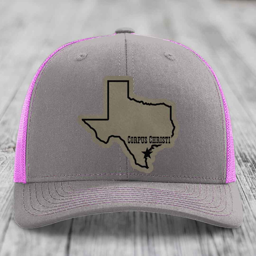 Corpus Christi Texas (Clean) - Leather Patch Hat - Light Brown to Black Patch - Richardson 112 Snapback Trucker Hat