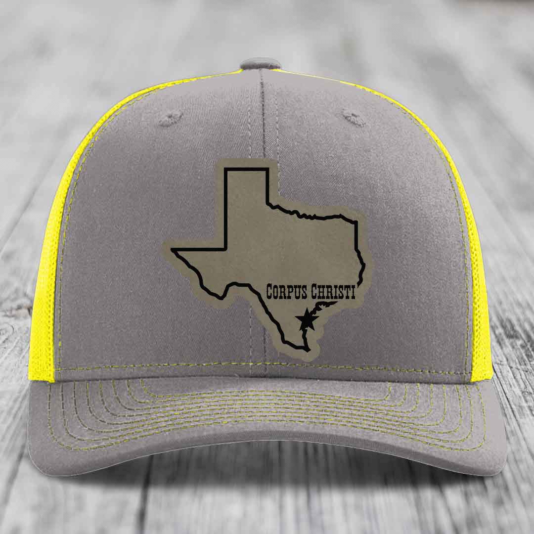Corpus Christi Texas (Clean) - Leather Patch Hat - Light Brown to Black Patch - Richardson 112 Snapback Trucker Hat