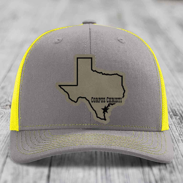 Corpus Christi Texas (Clean) - Leather Patch Hat - Light Brown to Black Patch - Richardson 112 Snapback Trucker Hat