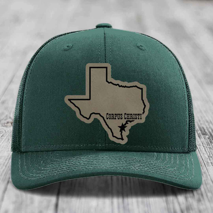 Corpus Christi Texas (Clean) - Leather Patch Hat - Light Brown to Black Patch - Richardson 112 Snapback Trucker Hat