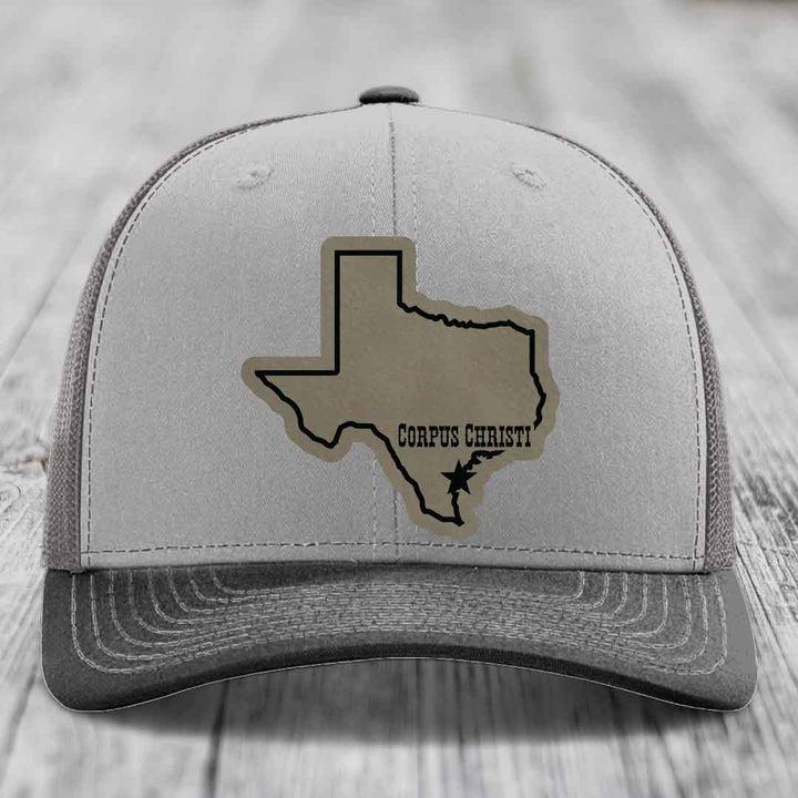 Corpus Christi Texas (Clean) - Leather Patch Hat - Light Brown to Black Patch - Richardson 112 Snapback Trucker Hat