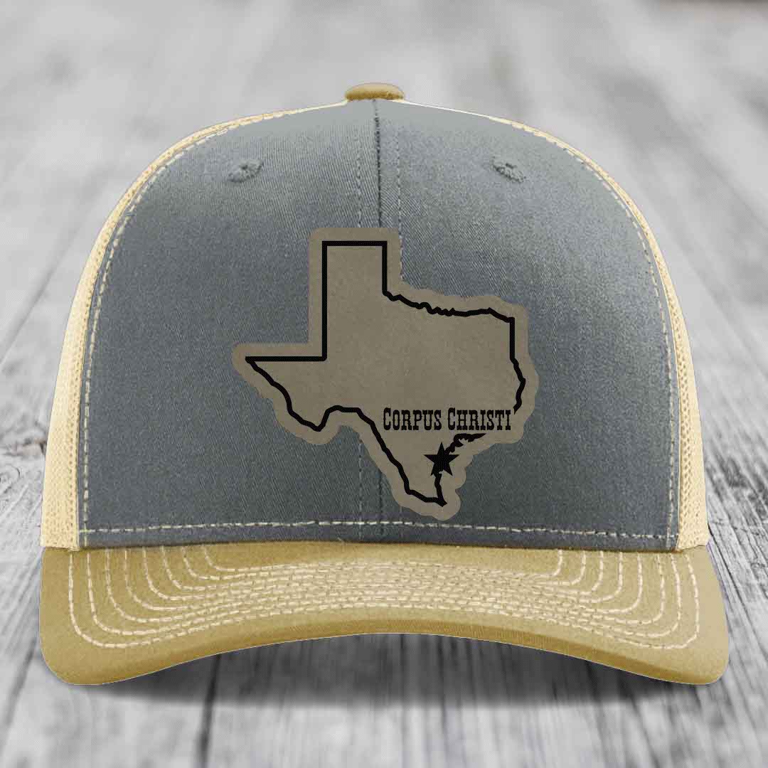 Corpus Christi Texas (Clean) - Leather Patch Hat - Light Brown to Black Patch - Richardson 112 Snapback Trucker Hat