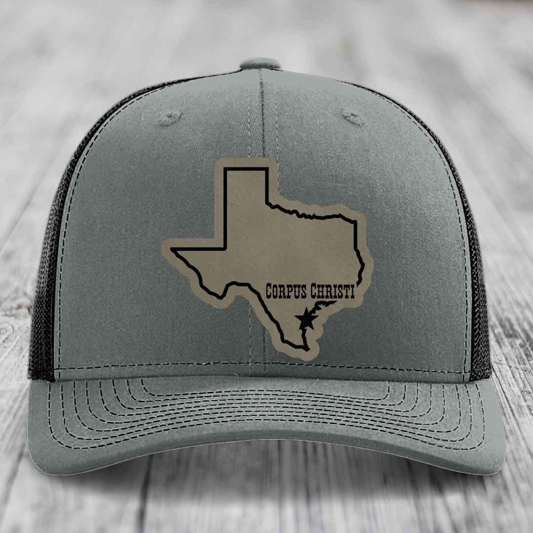 Corpus Christi Texas (Clean) - Leather Patch Hat - Light Brown to Black Patch - Richardson 112 Snapback Trucker Hat