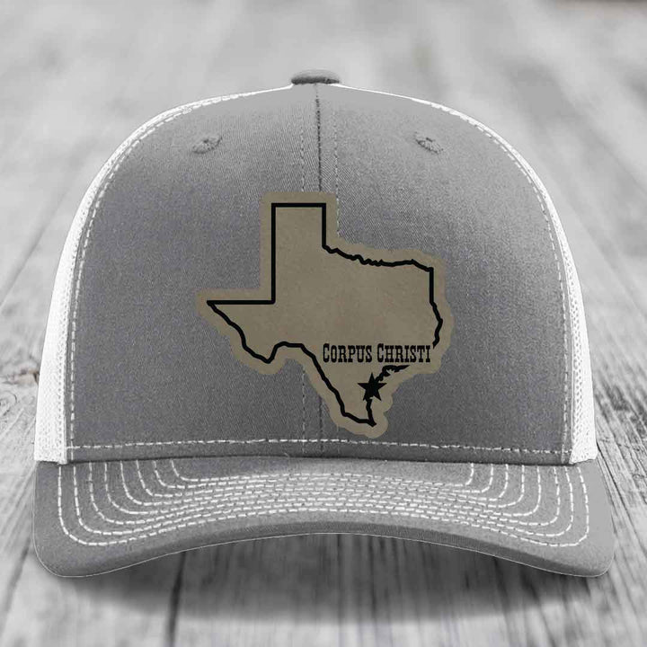 Corpus Christi Texas (Clean) - Leather Patch Hat - Light Brown to Black Patch - Richardson 112 Snapback Trucker Hat