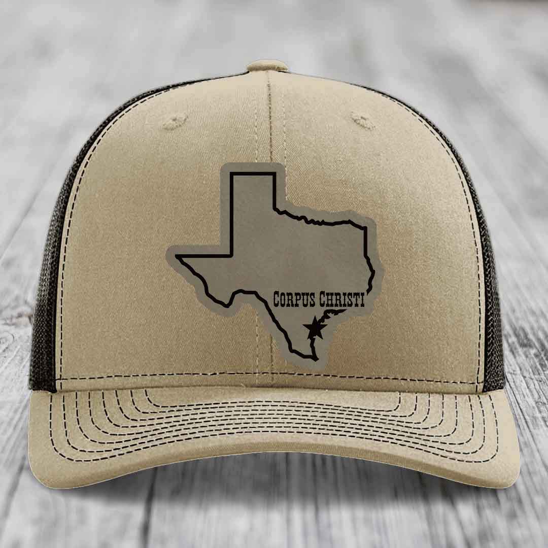 Corpus Christi Texas (Clean) - Leather Patch Hat - Light Brown to Black Patch - Richardson 112 Snapback Trucker Hat