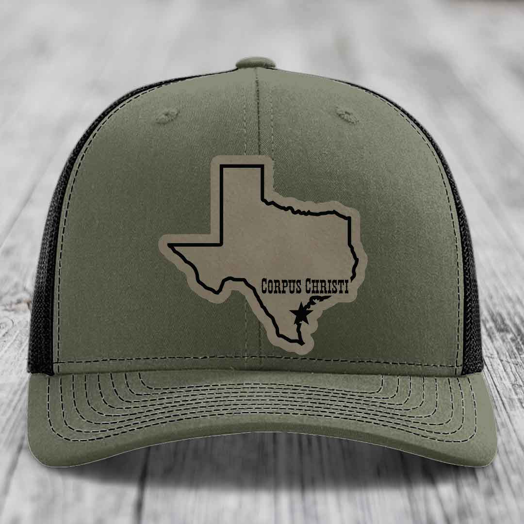 Corpus Christi Texas (Clean) - Leather Patch Hat - Light Brown to Black Patch - Richardson 112 Snapback Trucker Hat