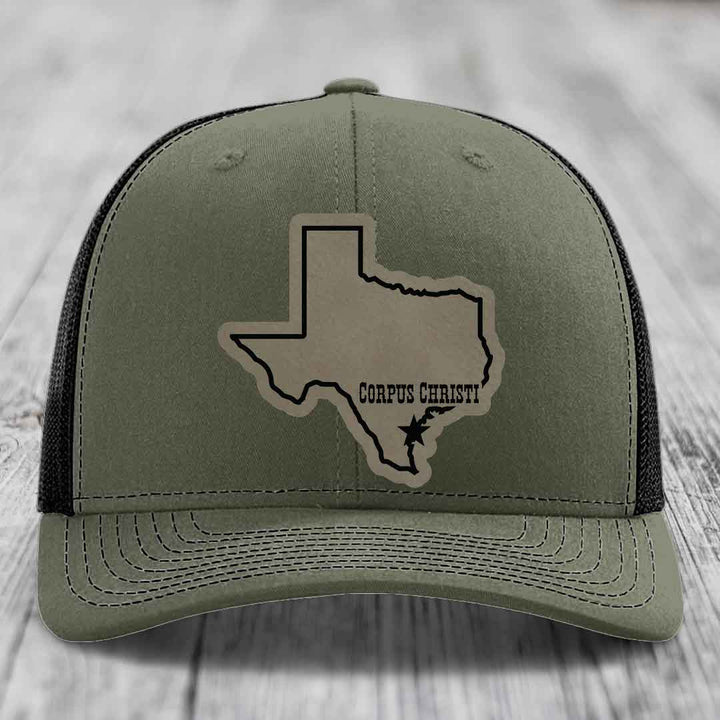 Corpus Christi Texas (Clean) - Leather Patch Hat - Light Brown to Black Patch - Richardson 112 Snapback Trucker Hat