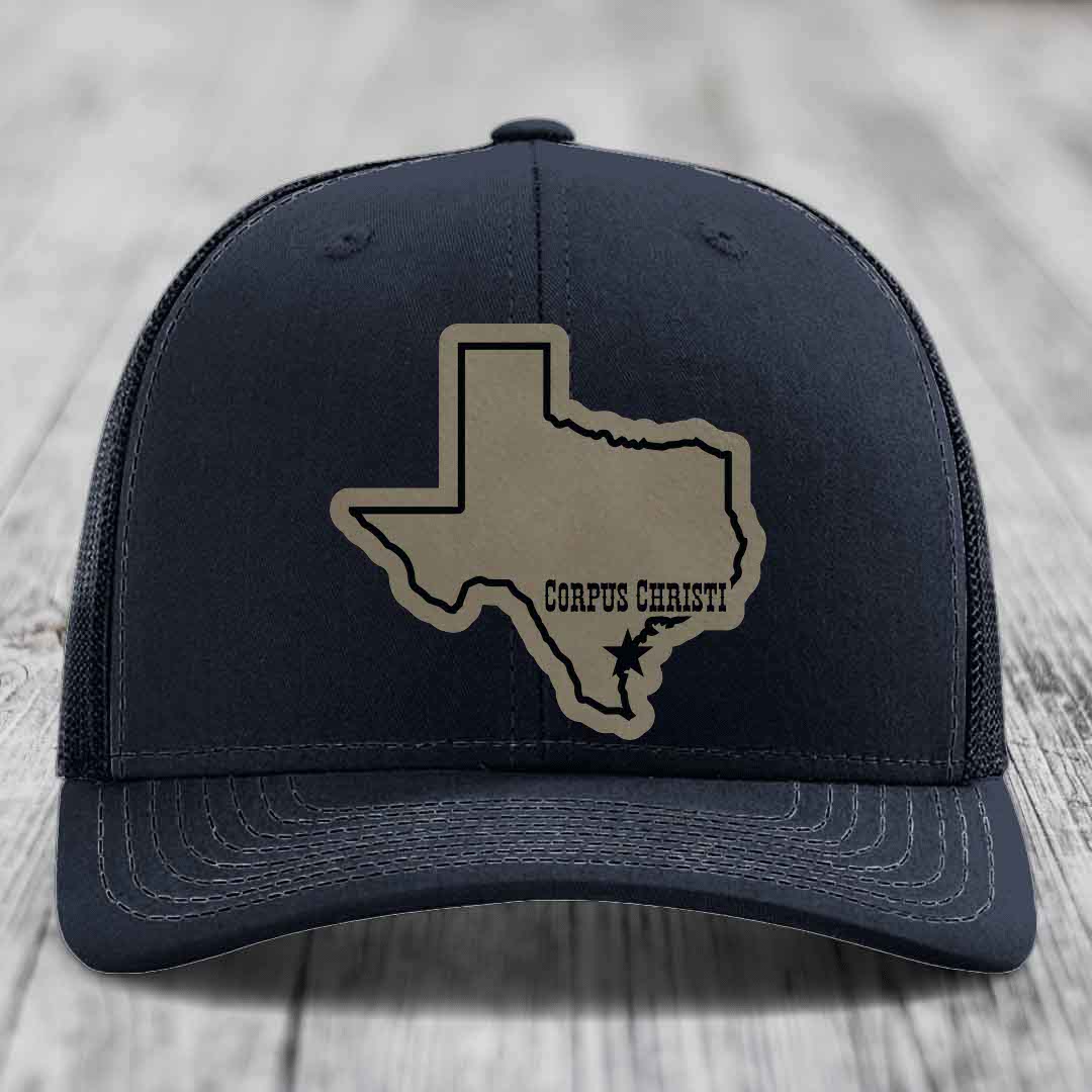 Corpus Christi Texas (Clean) - Leather Patch Hat - Light Brown to Black Patch - Richardson 112 Snapback Trucker Hat