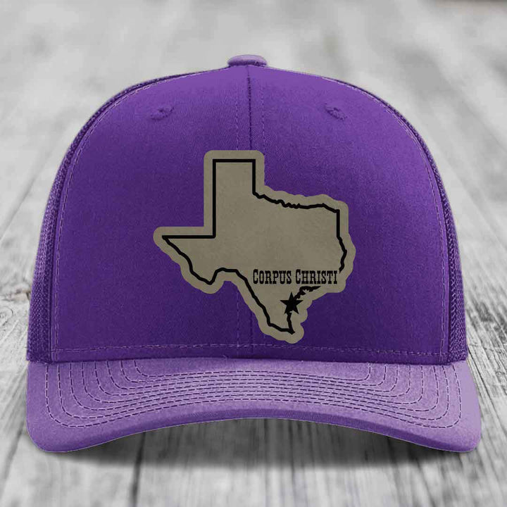 Corpus Christi Texas (Clean) - Leather Patch Hat - Light Brown to Black Patch - Richardson 112 Snapback Trucker Hat