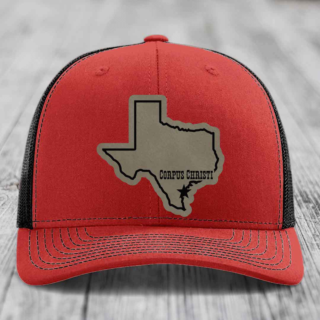 Corpus Christi Texas (Clean) - Leather Patch Hat - Light Brown to Black Patch - Richardson 112 Snapback Trucker Hat