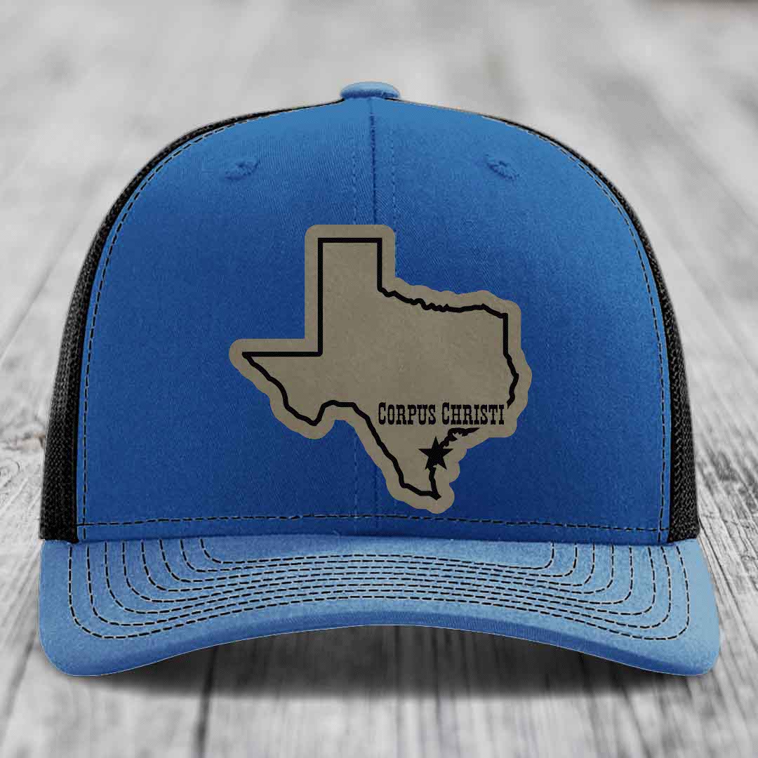Corpus Christi Texas (Clean) - Leather Patch Hat - Light Brown to Black Patch - Richardson 112 Snapback Trucker Hat
