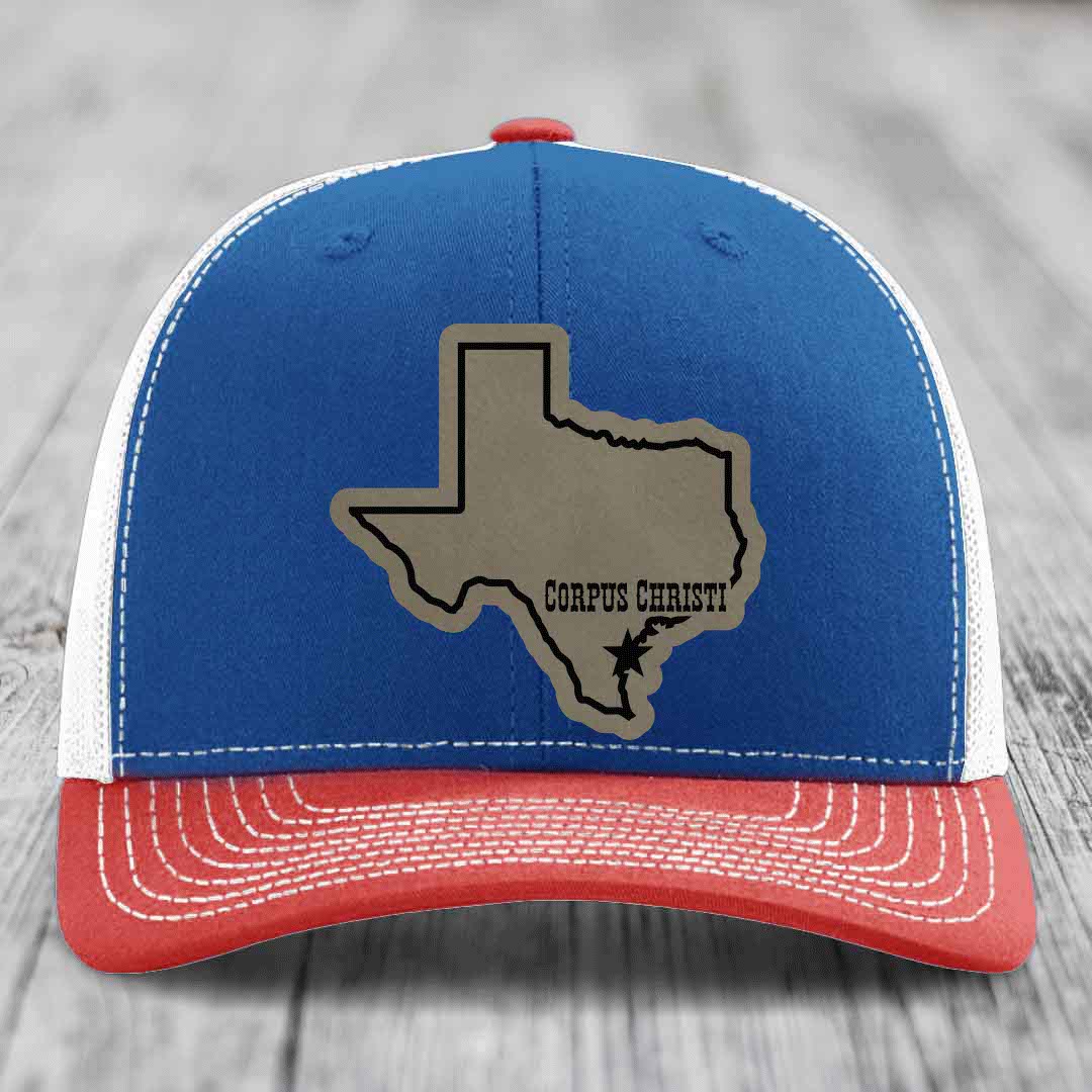 Corpus Christi Texas (Clean) - Leather Patch Hat - Light Brown to Black Patch - Richardson 112 Snapback Trucker Hat