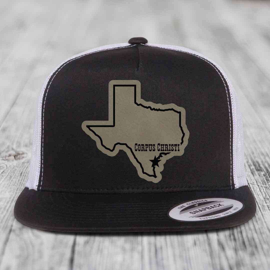 Corpus Christi Texas (Clean) - Leather Patch Hat - Light Brown to Black Patch - Yupoong 6006 Snapback Flatbill Hat