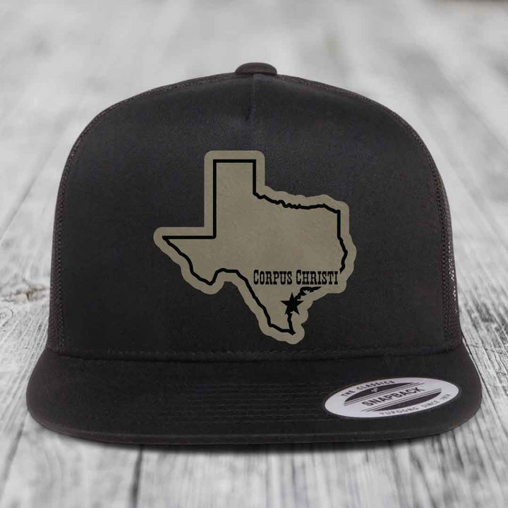 Corpus Christi Texas (Clean) - Leather Patch Hat - Light Brown to Black Patch - Yupoong 6006 Snapback Flatbill Hat