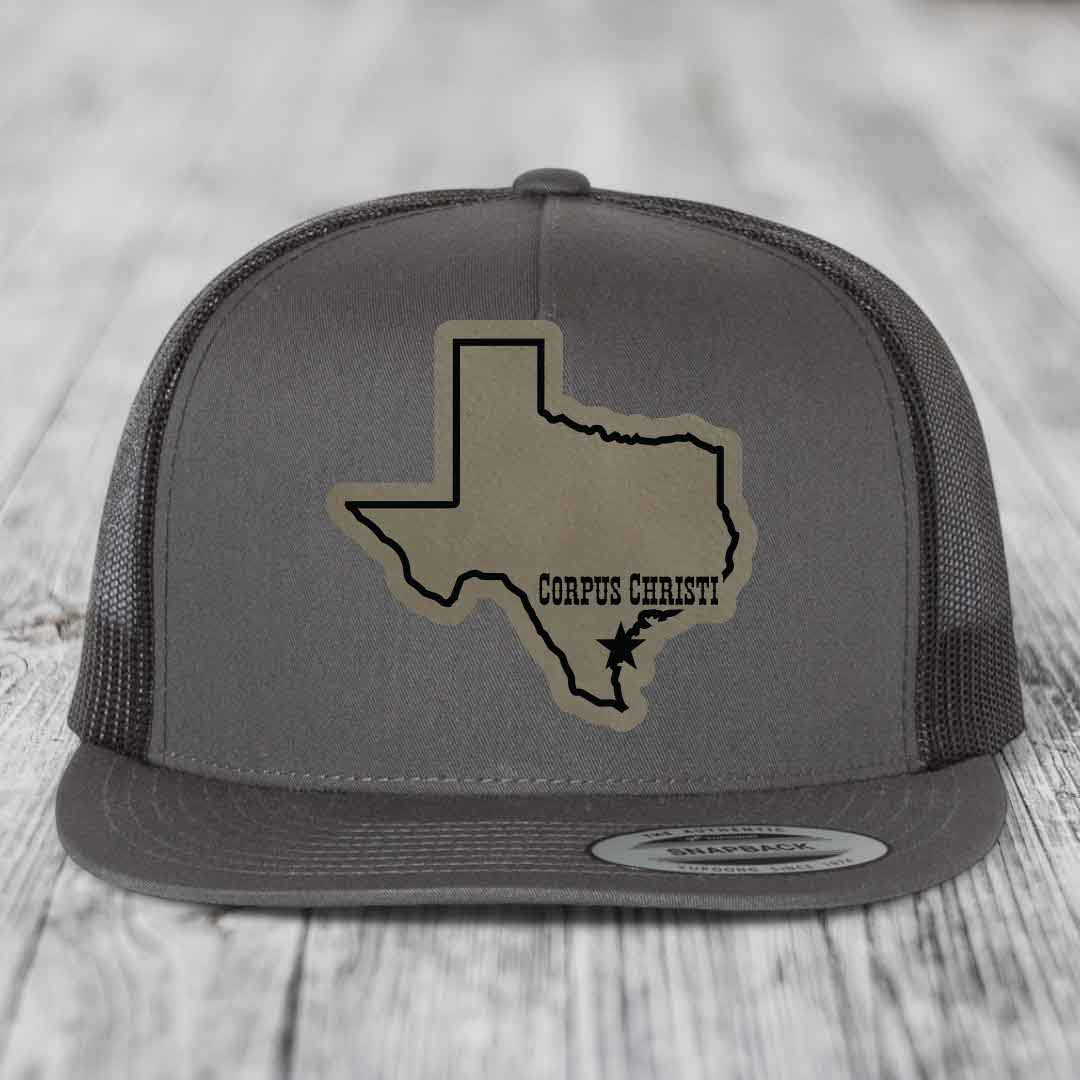 Corpus Christi Texas (Clean) - Leather Patch Hat - Light Brown to Black Patch - Yupoong 6006 Snapback Flatbill Hat